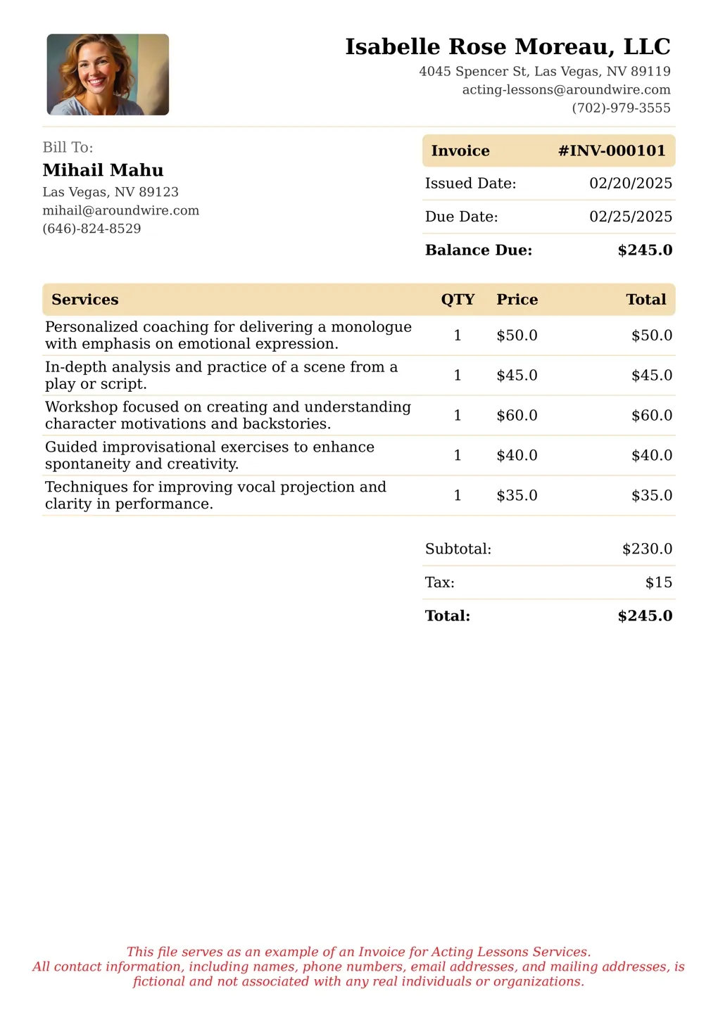 Sample of a Acting Lessons services invoice