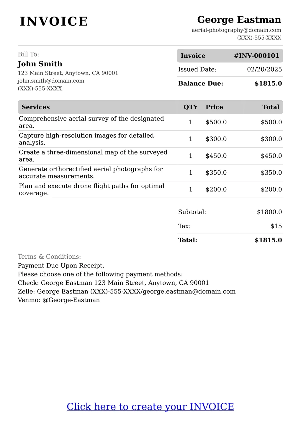 Sample of a Aerial Photography services invoice