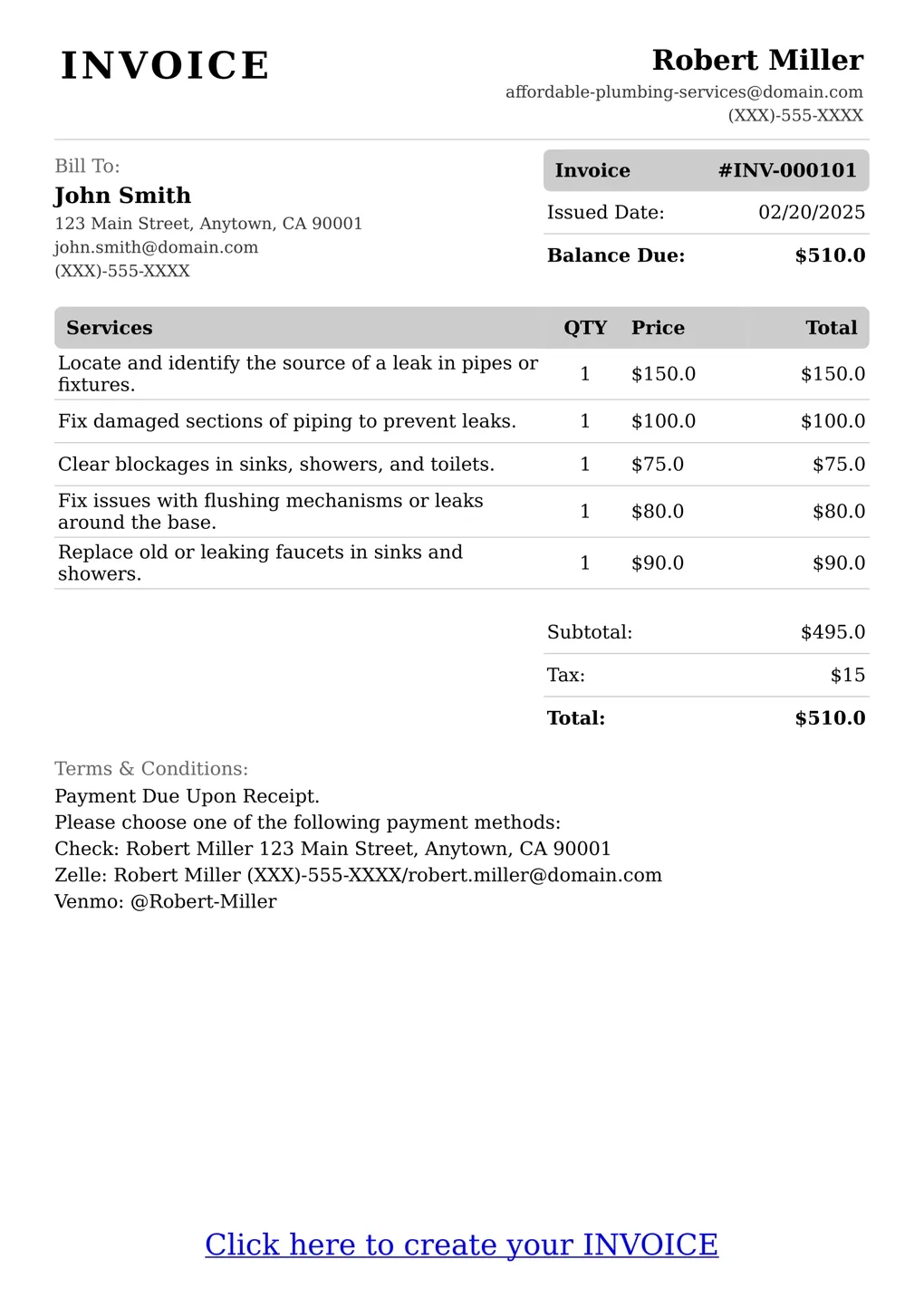 Sample of a Affordable Plumbing Services services invoice