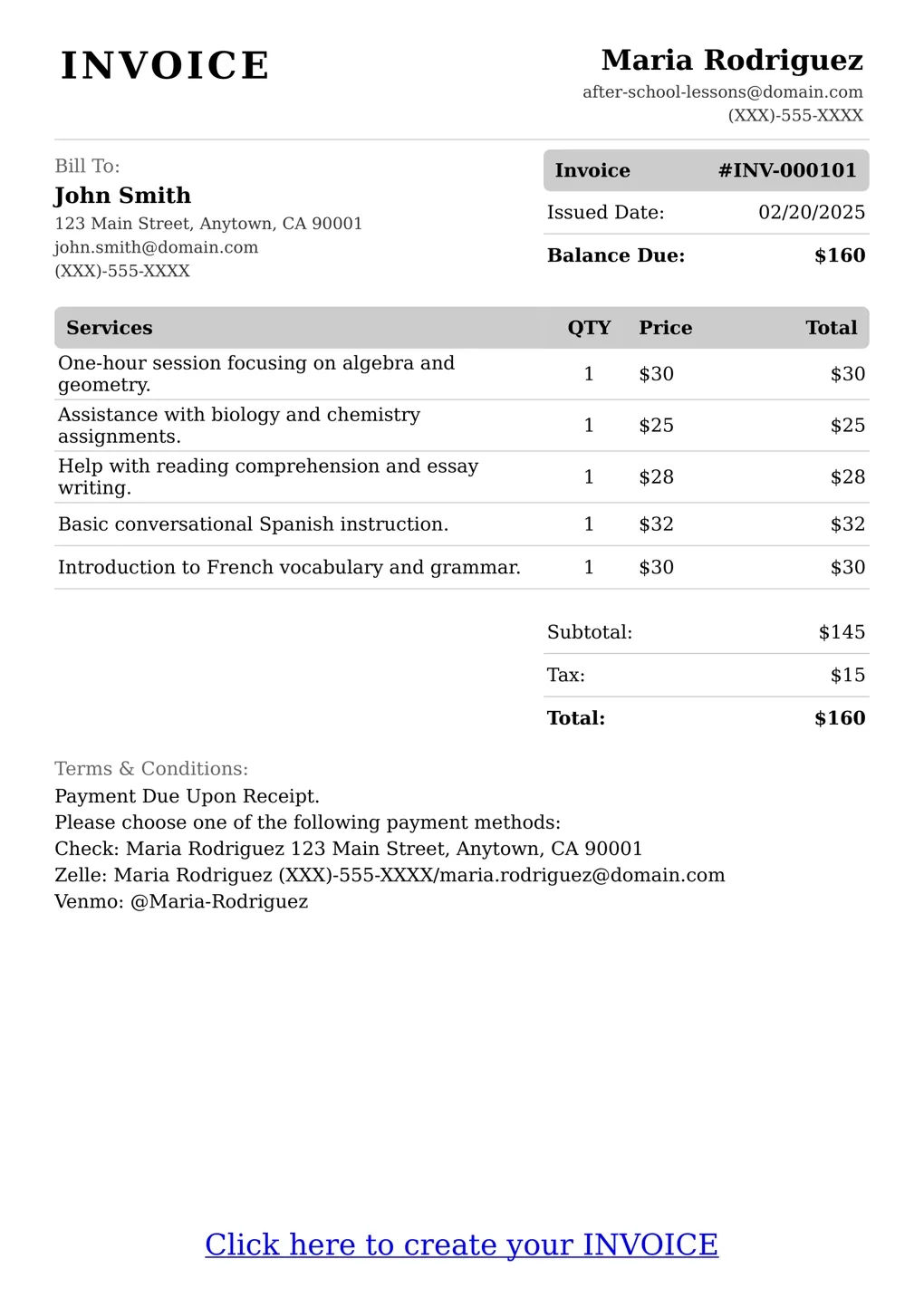 Sample of a After School Lessons services invoice