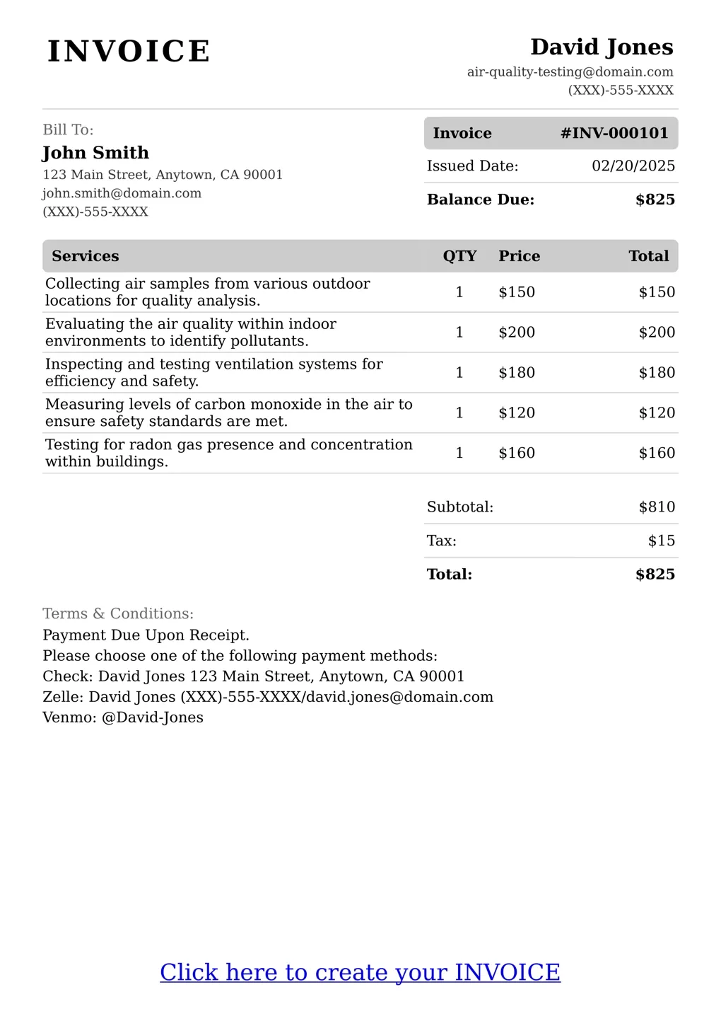 Sample of a Air Quality Testing services invoice
