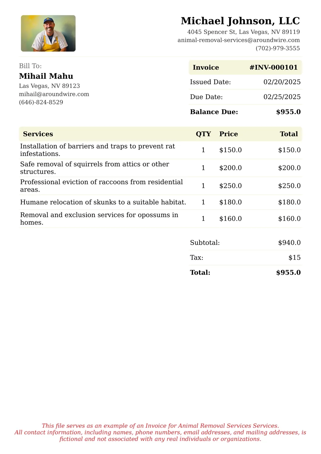 Sample of a Animal Removal Services services invoice