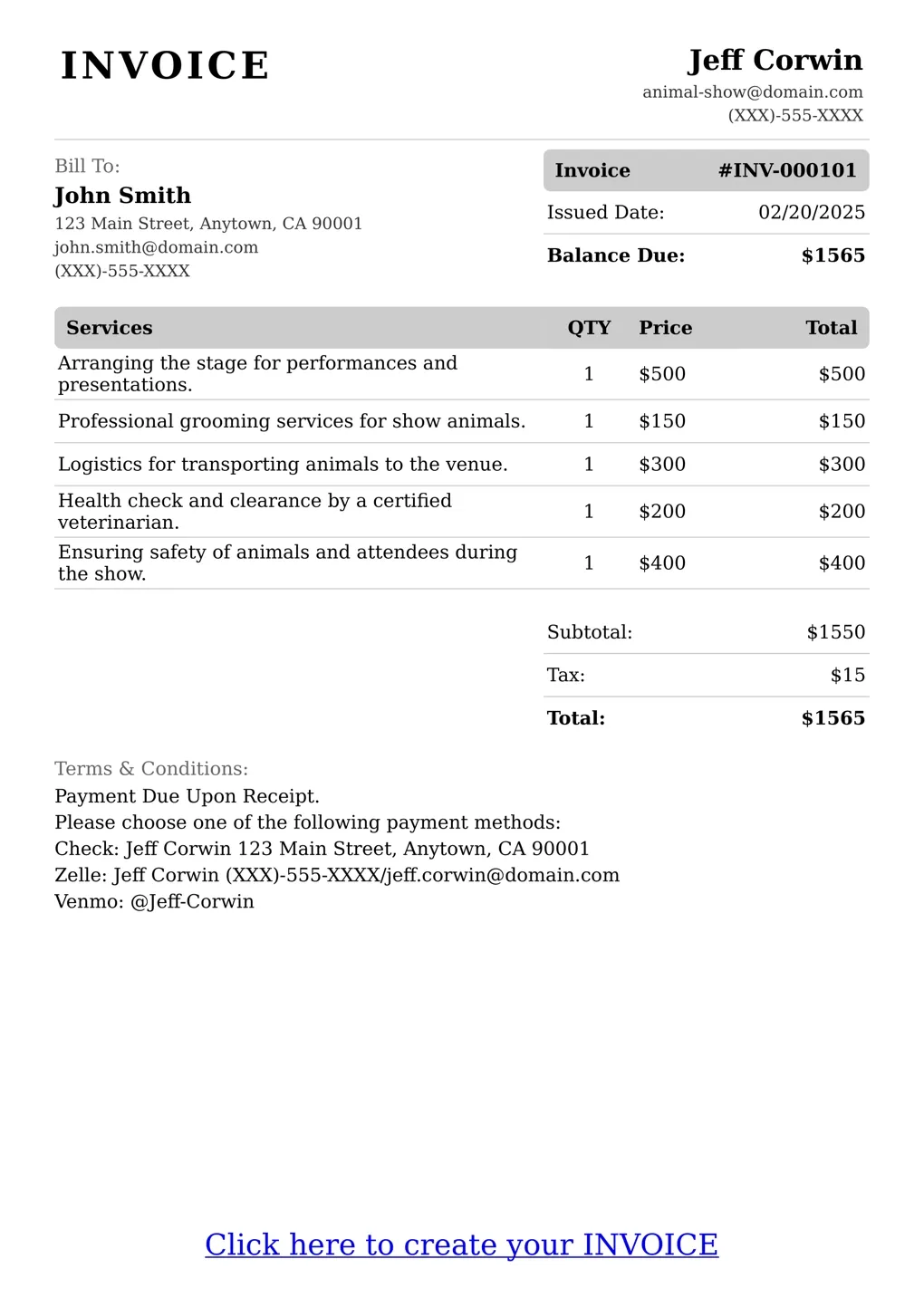 Sample of a Animal Show services invoice