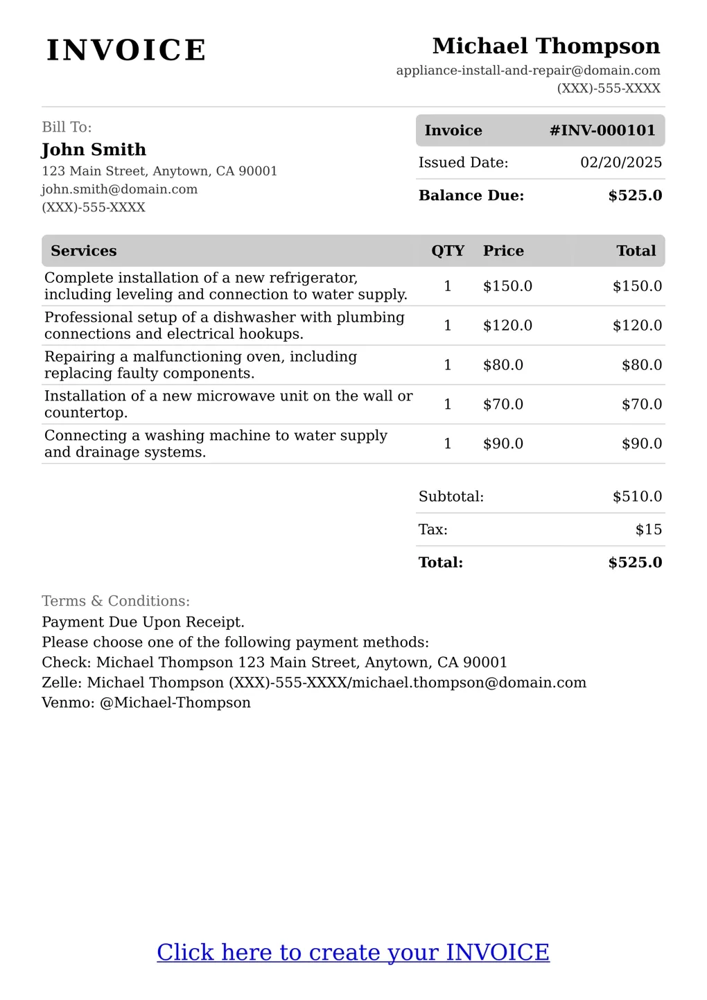 Sample of a Appliance Install And Repair services invoice