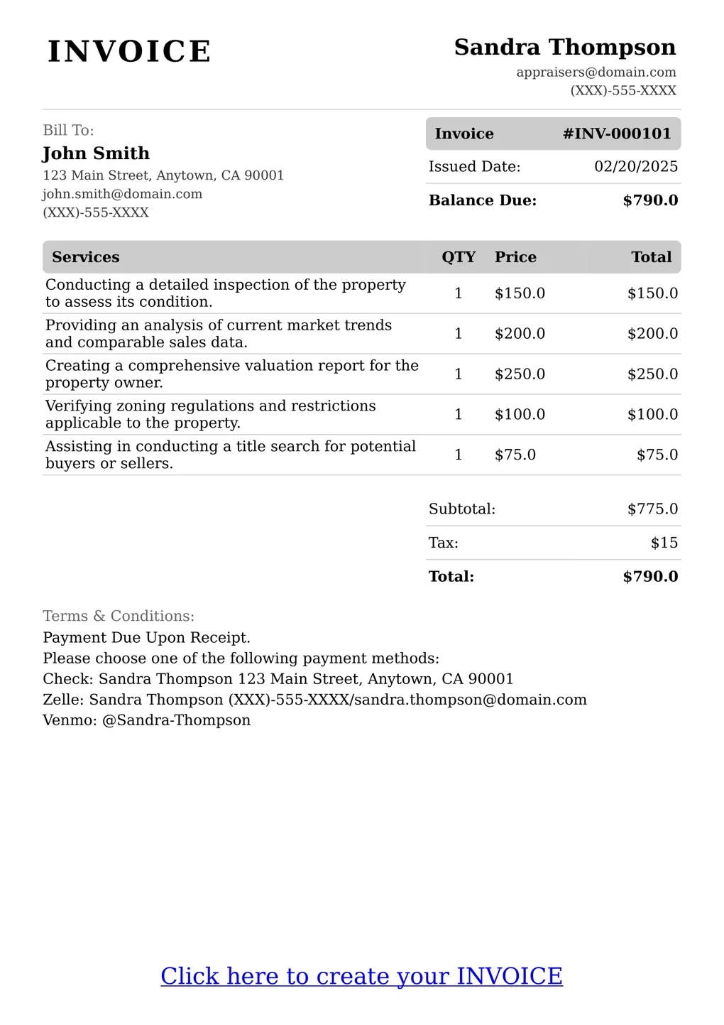 Sample of a Appraisers services invoice