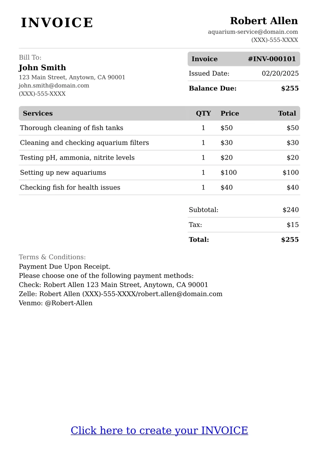 Sample of a Aquarium Service services invoice