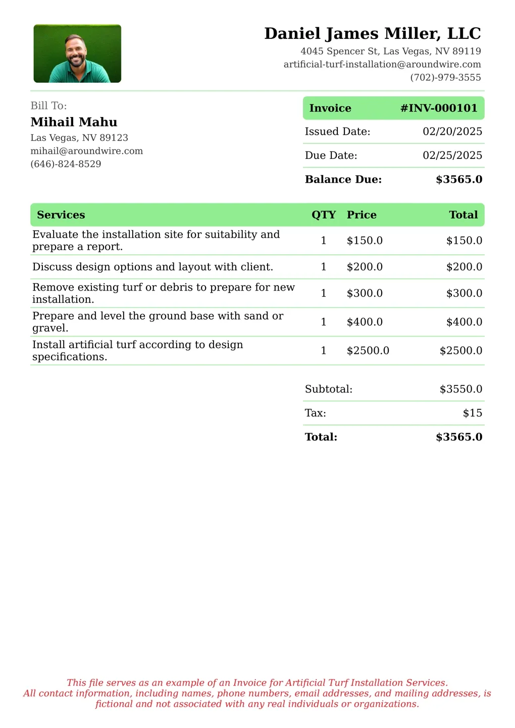 Sample of a Artificial Turf Installation services invoice