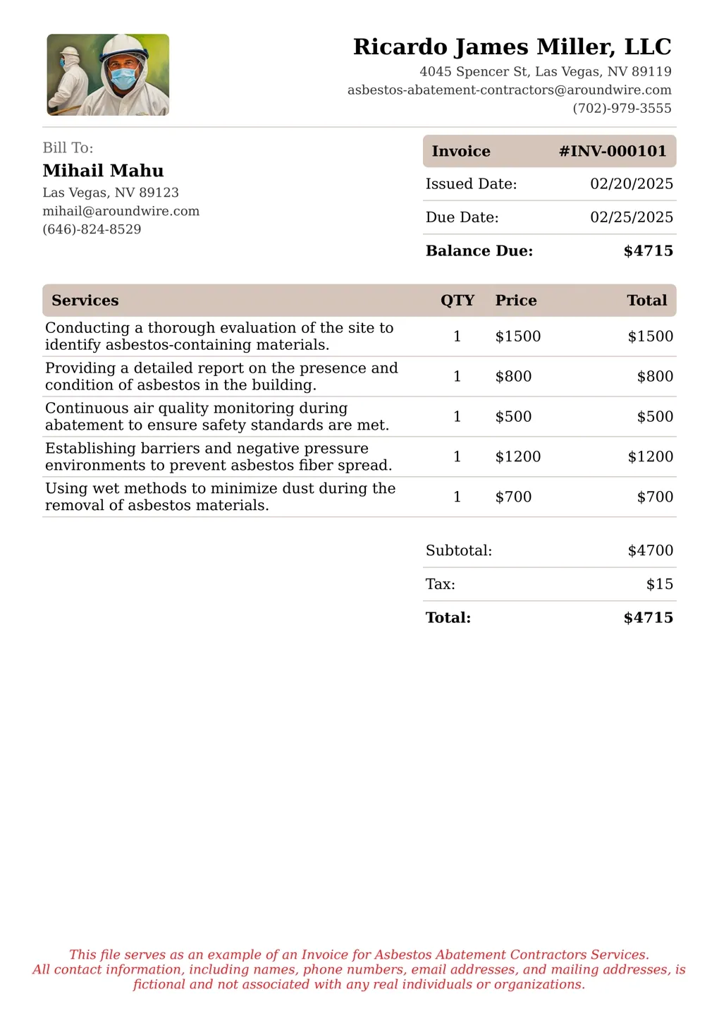 Sample of a Asbestos Abatement Contractors services invoice