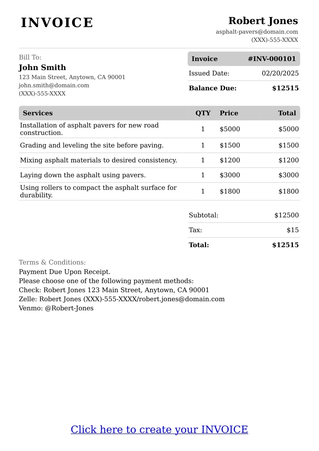 Sample of a Asphalt Pavers services invoice