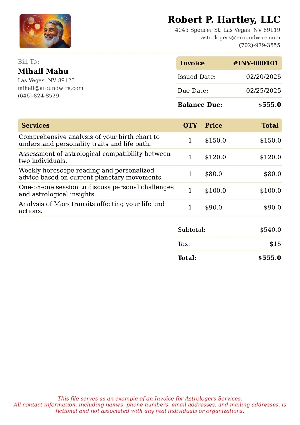 Sample of a Astrologers services invoice