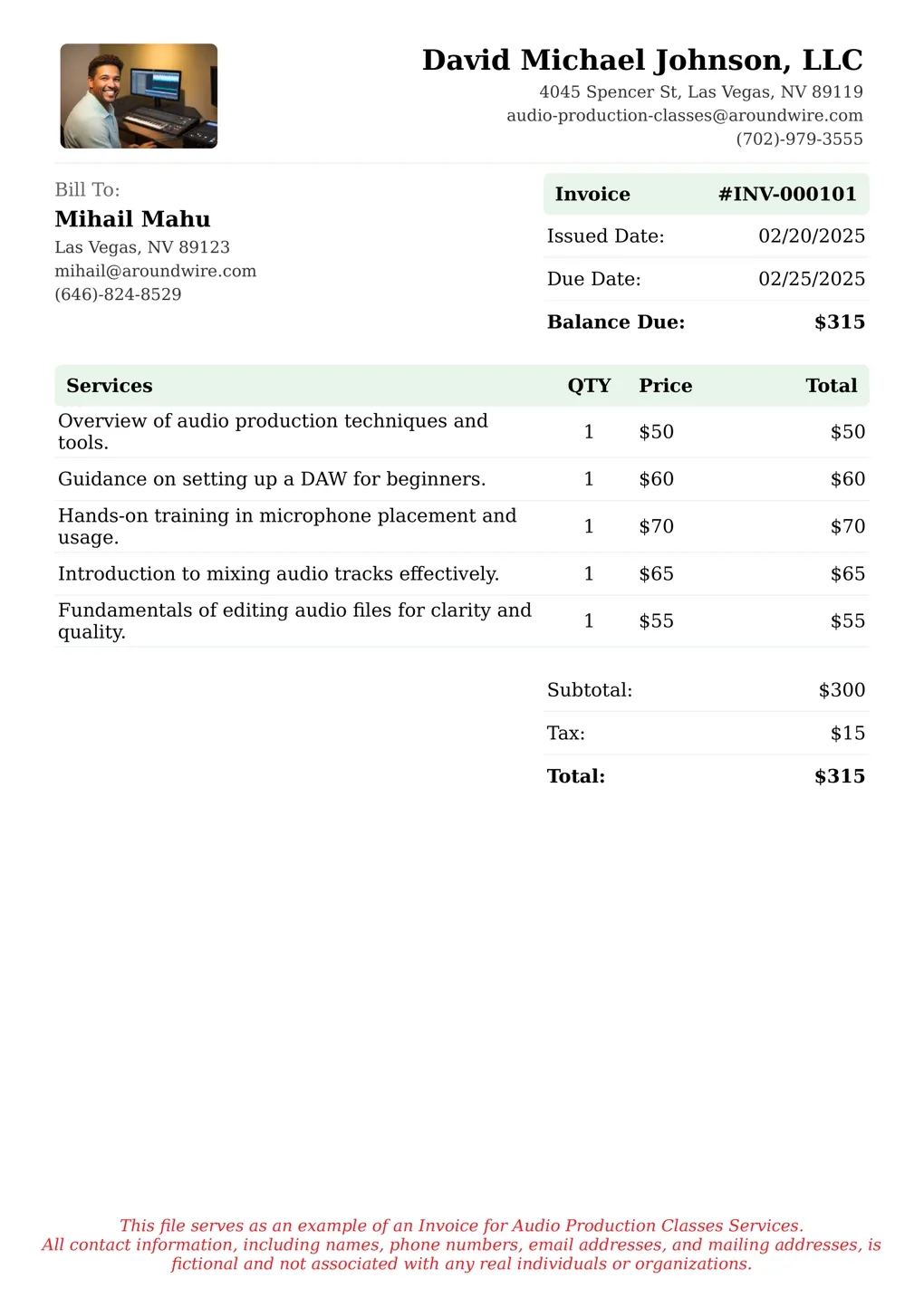 Sample of a Audio Production Classes services invoice
