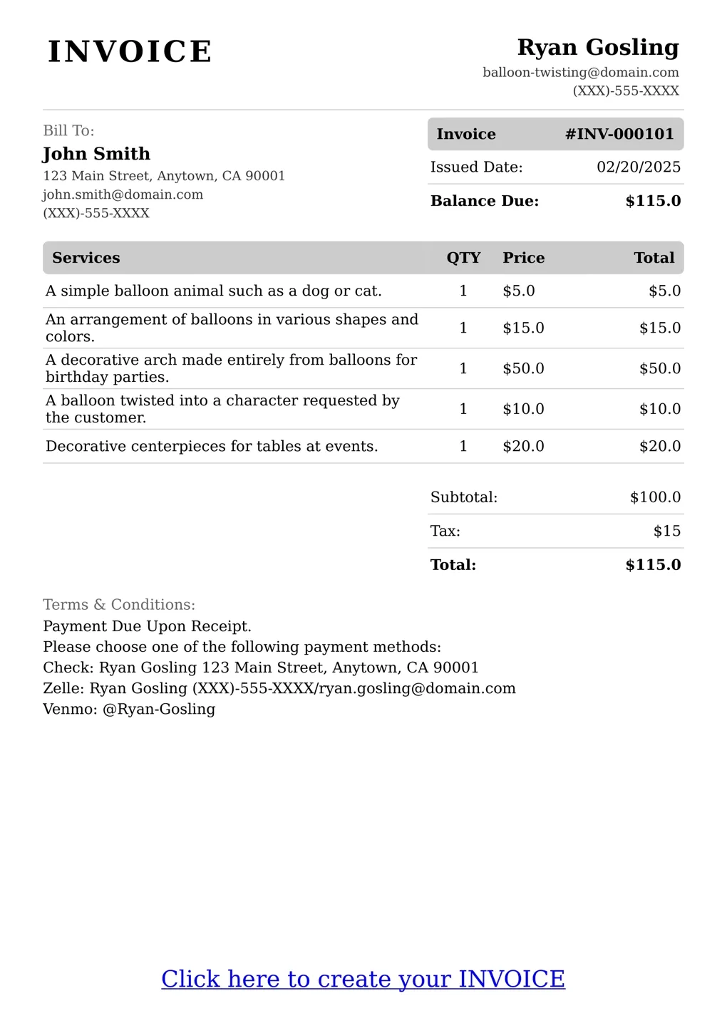 Sample of a Balloon Twisting services invoice