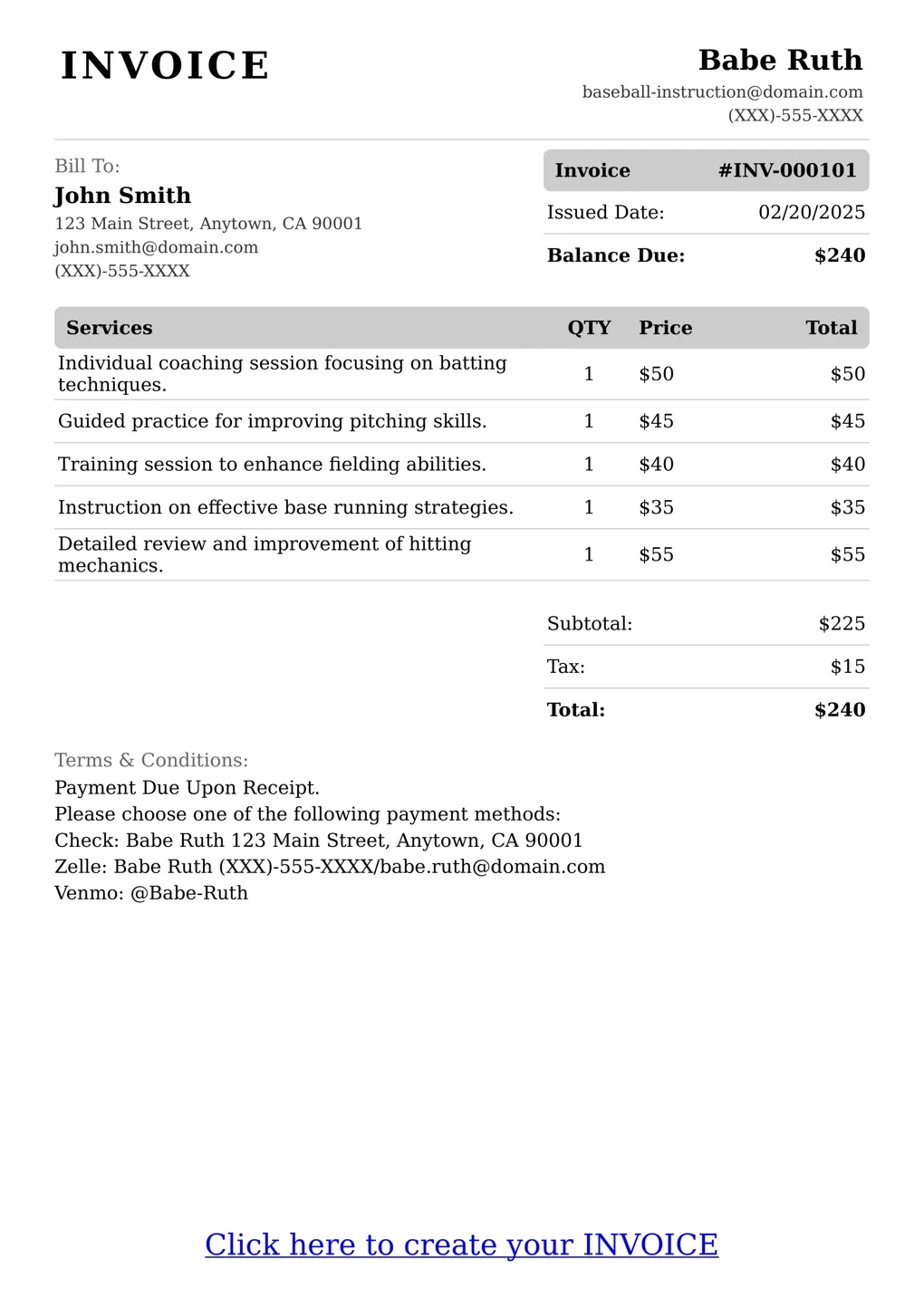 Sample of a Baseball Instruction services invoice