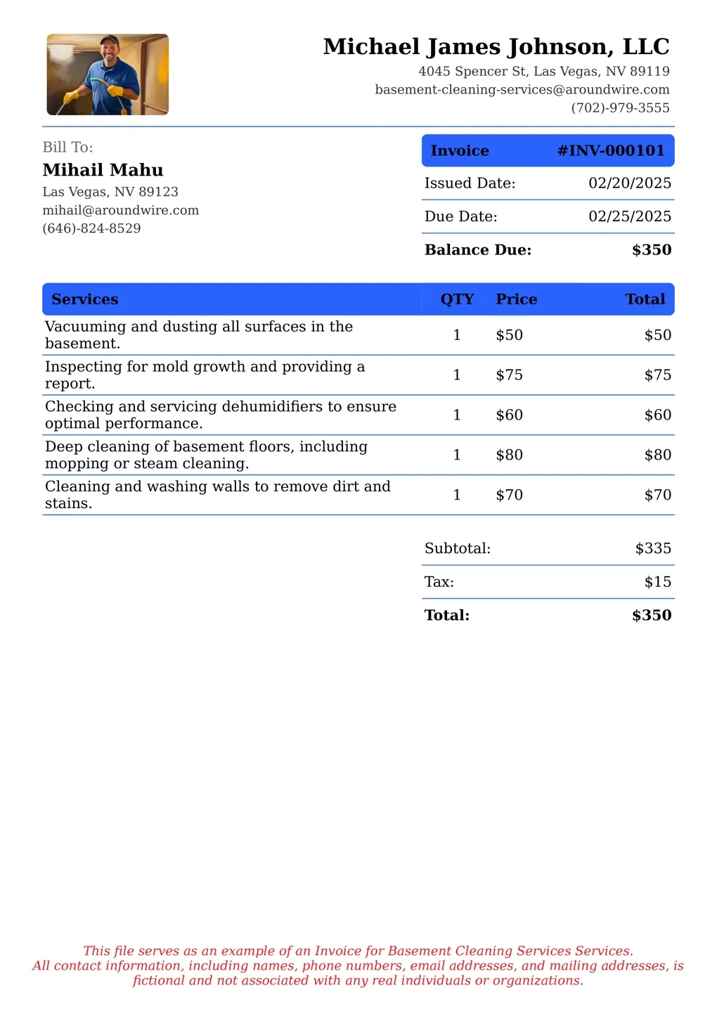 Sample of a Basement Cleaning Services services invoice