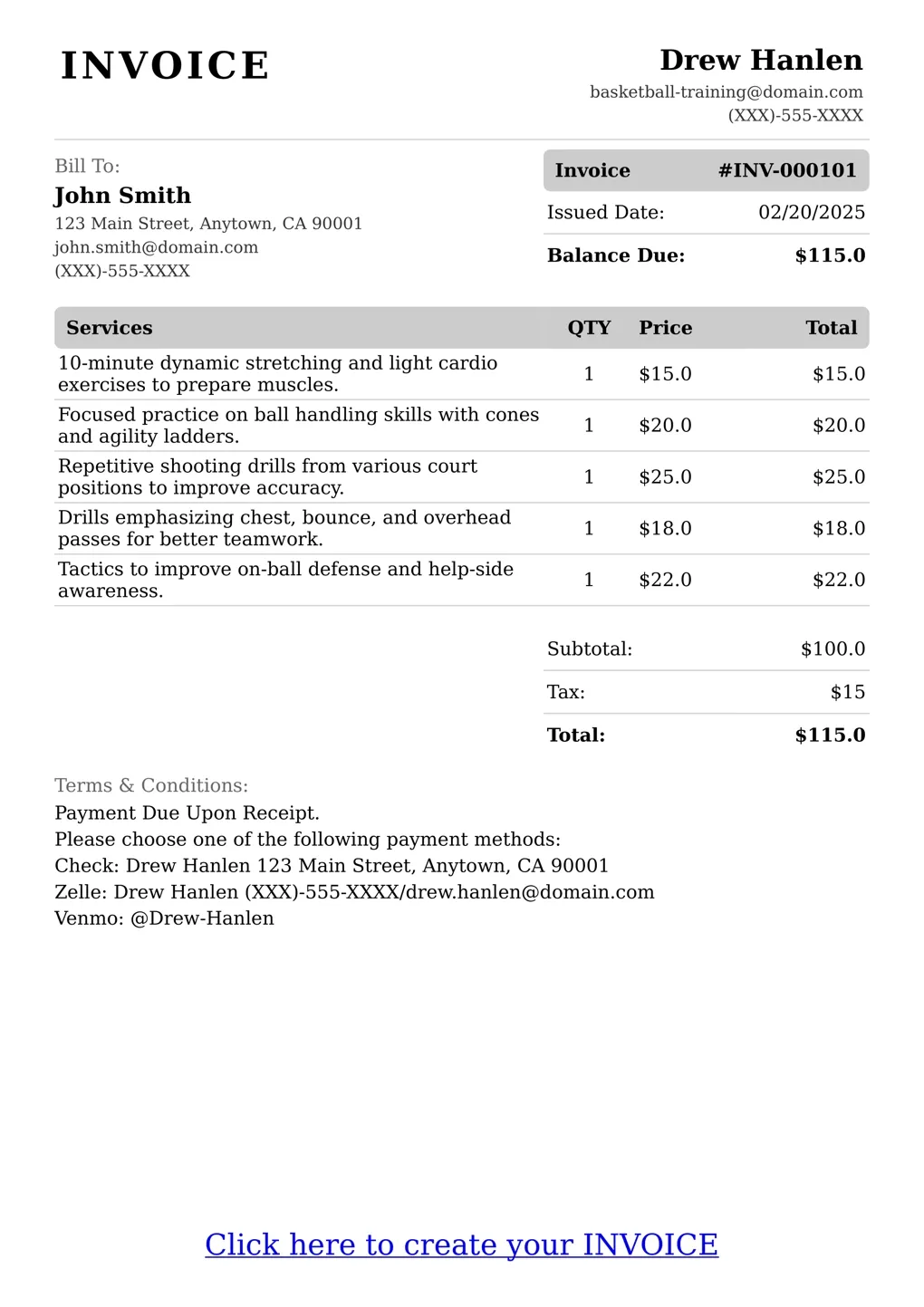 Sample of a Basketball Training services invoice