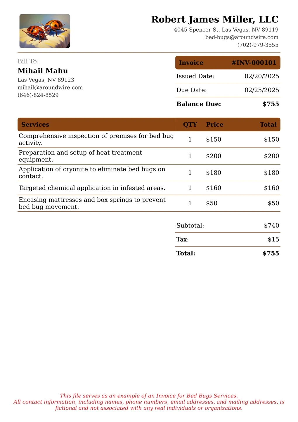 Sample of a Bed Bugs services invoice