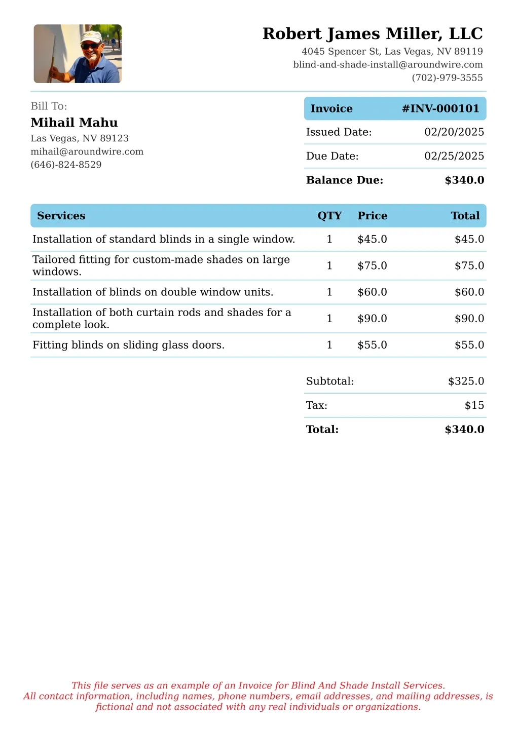 Sample of a Blind And Shade Install services invoice