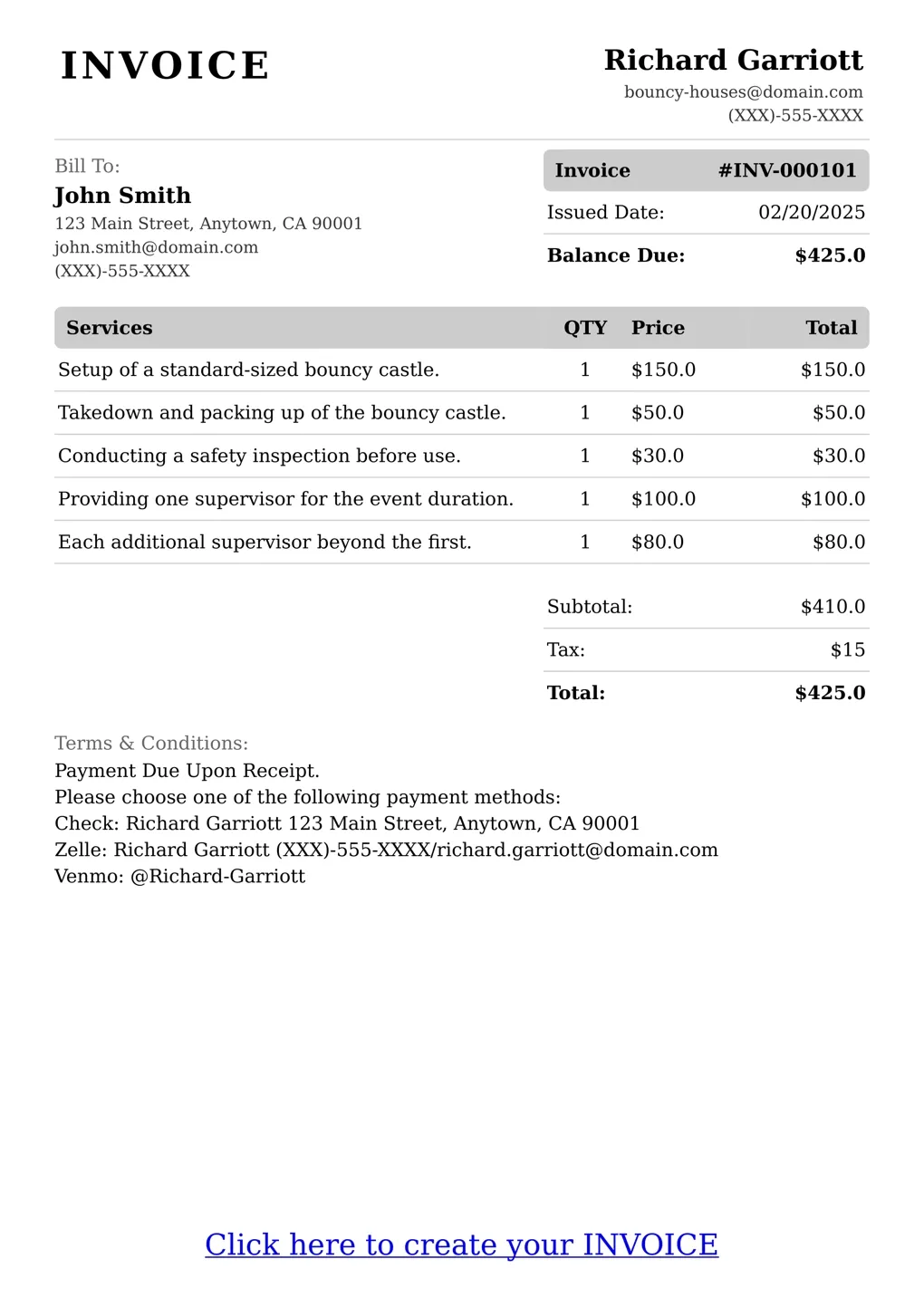Sample of a Bouncy Houses services invoice