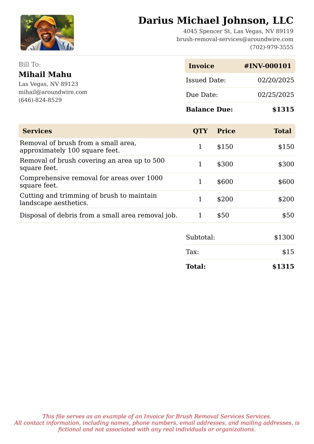 Sample of a Brush Removal Services services invoice