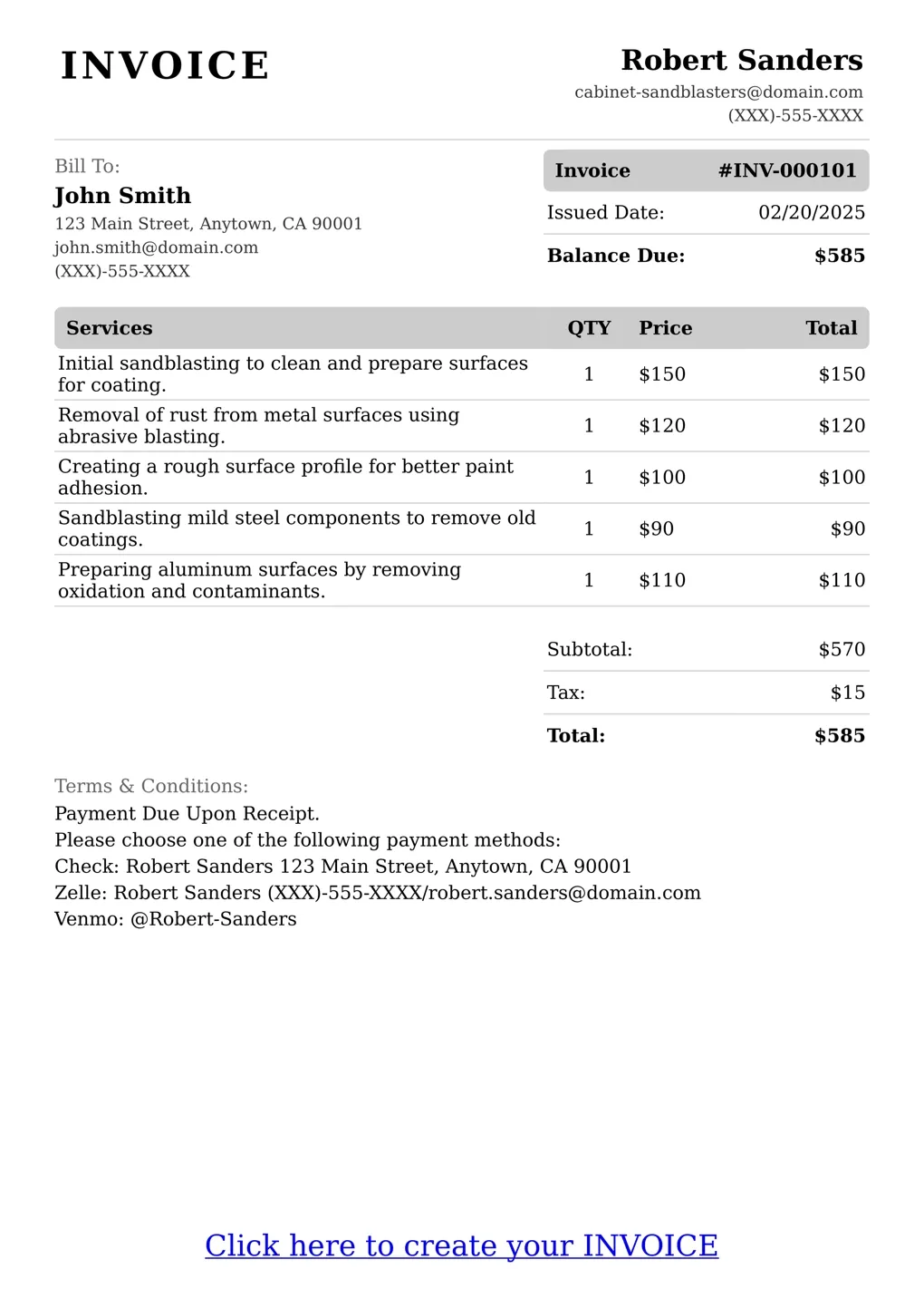 Sample of a Cabinet Sandblasters services invoice