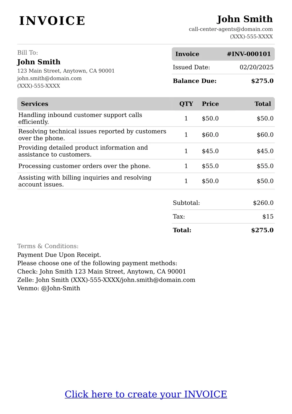 Sample of a Call Center Agents services invoice
