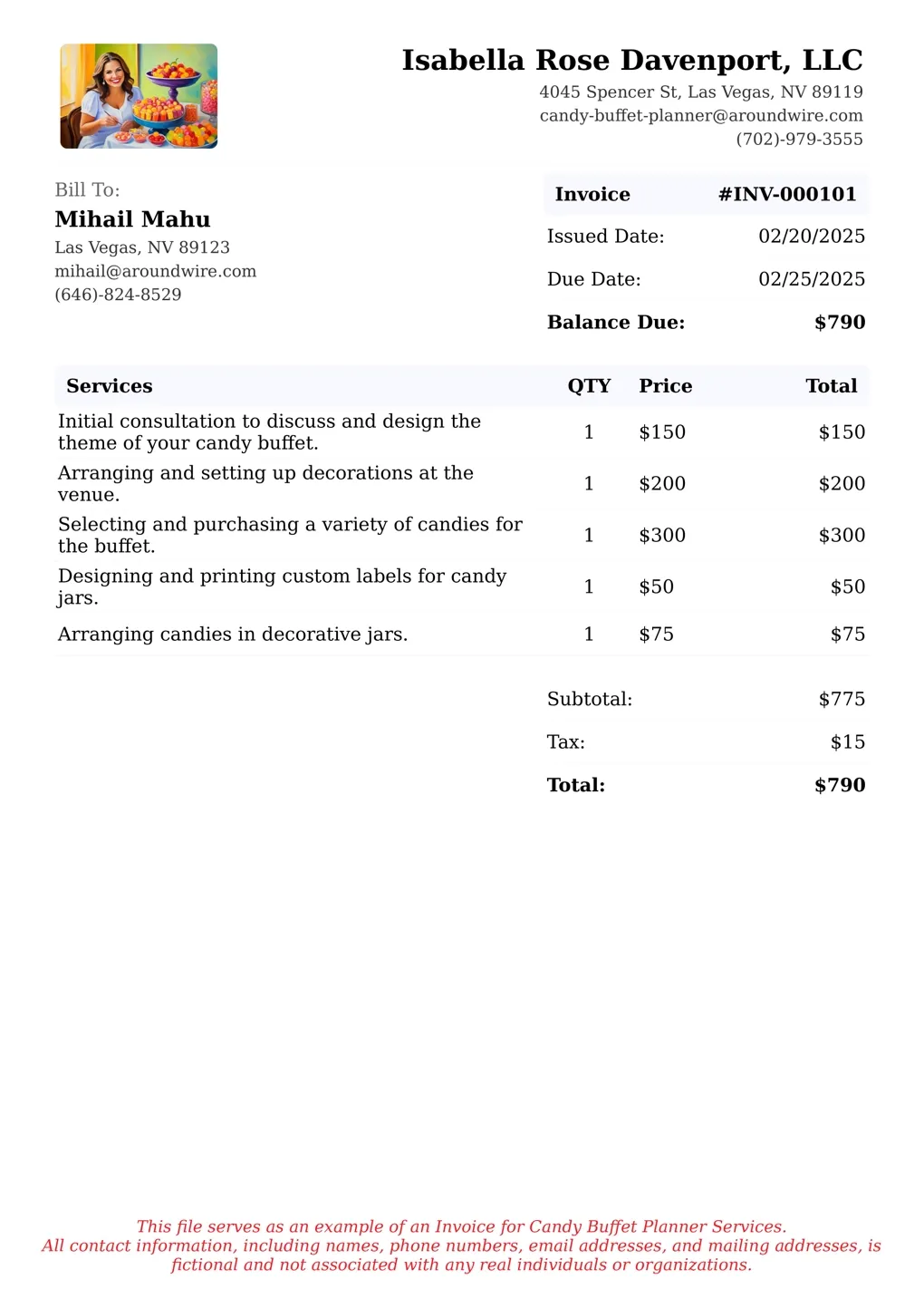 Sample of a Candy Buffet Planner services invoice