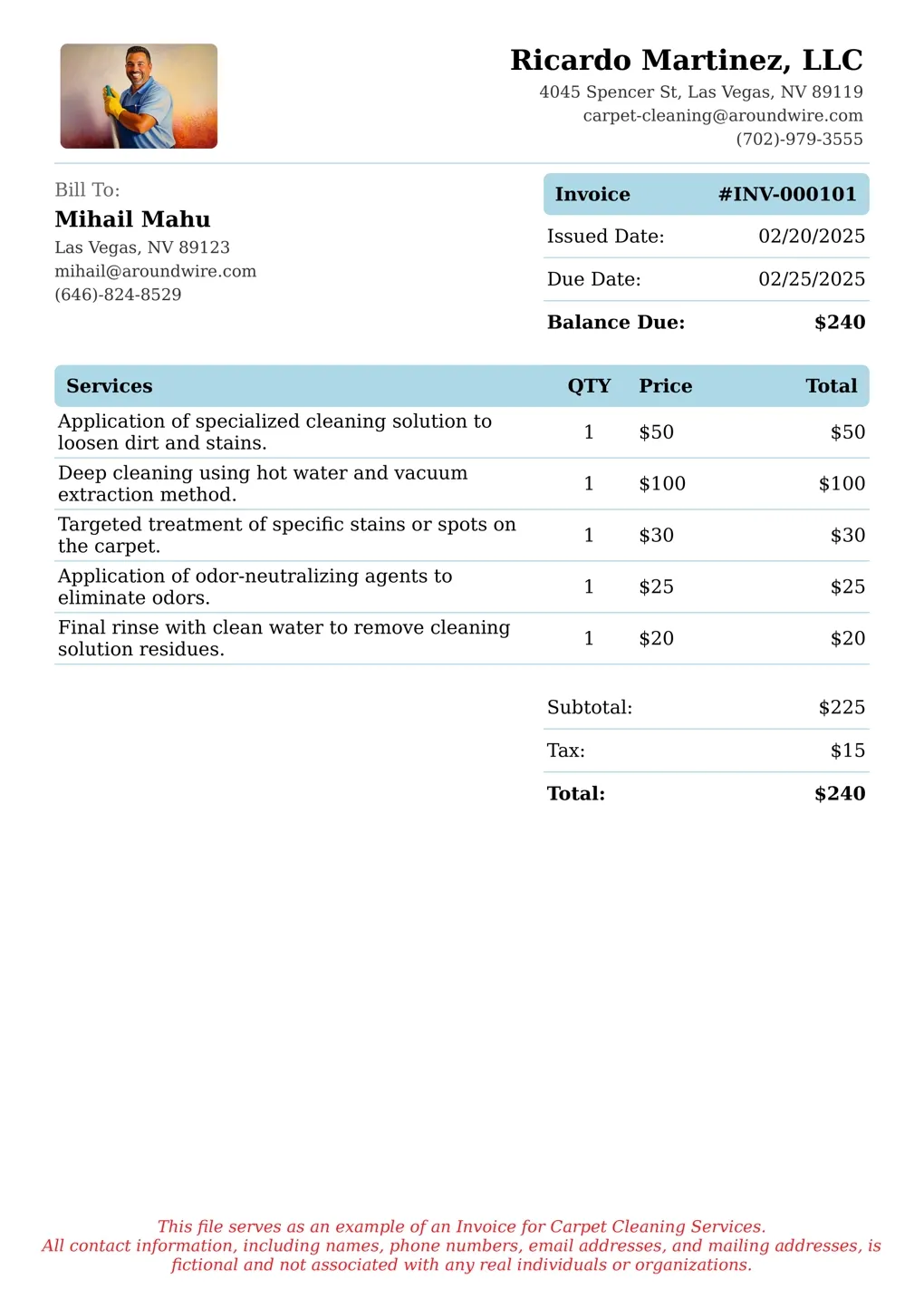 Sample of a Carpet Cleaning services invoice