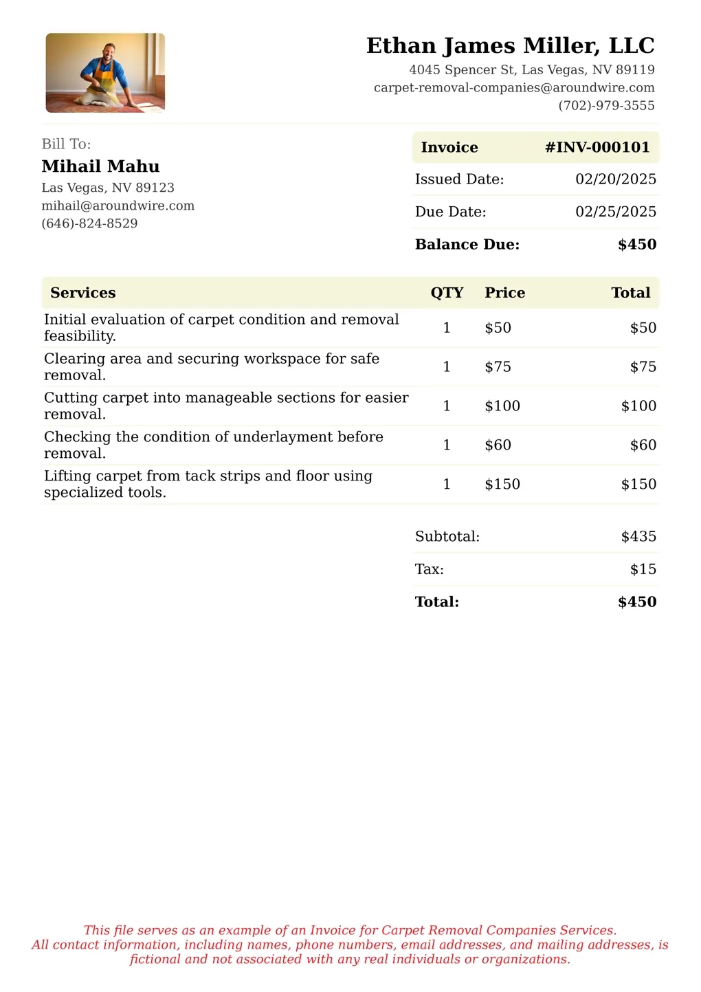 Sample of a Carpet Removal Companies services invoice