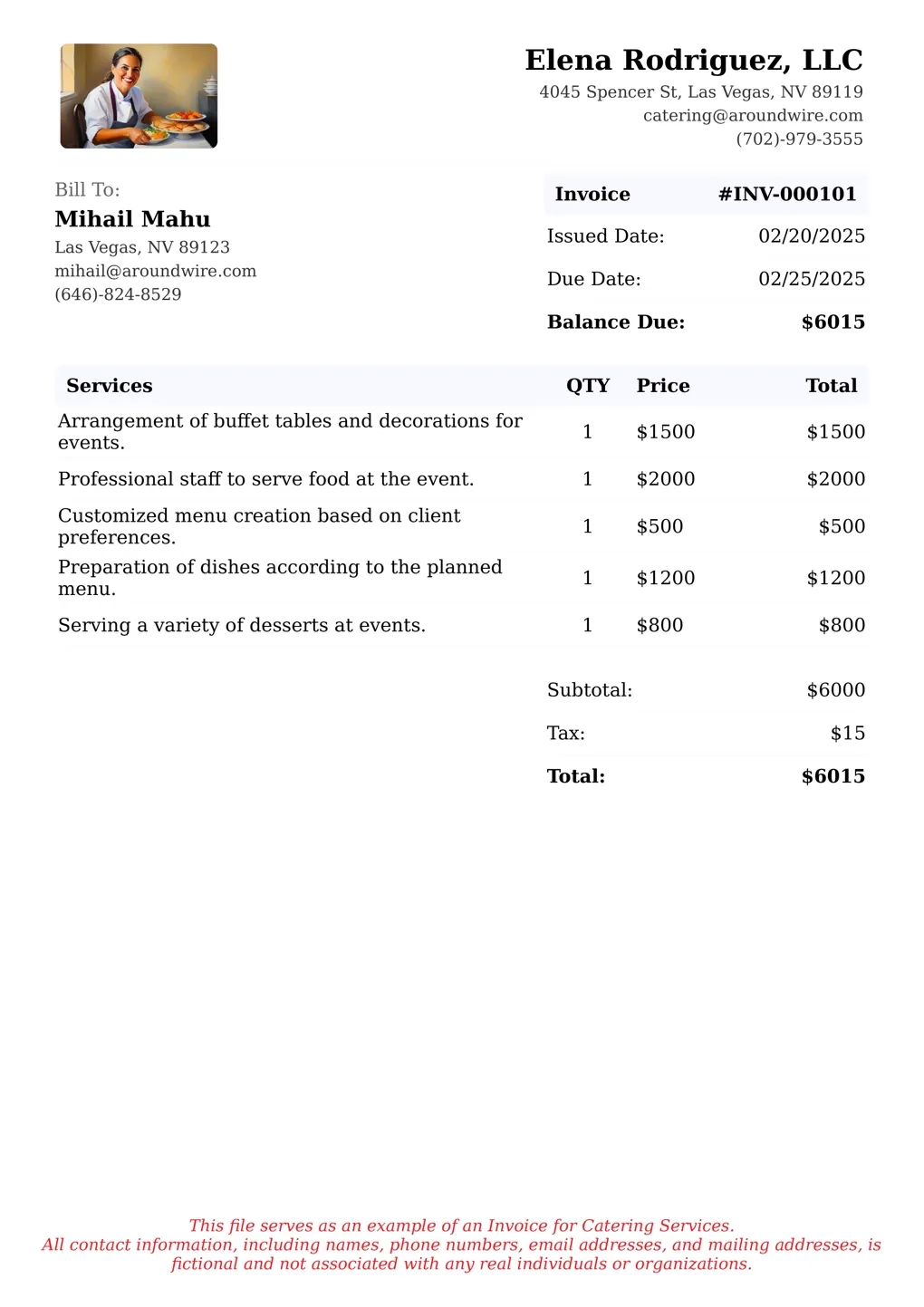 Sample of a Catering services invoice