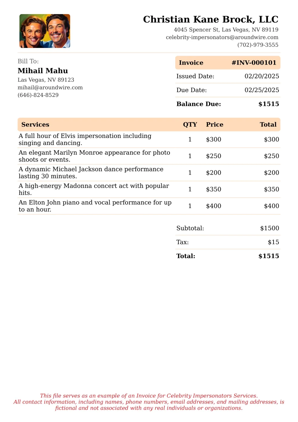 Sample of a Celebrity Impersonators services invoice
