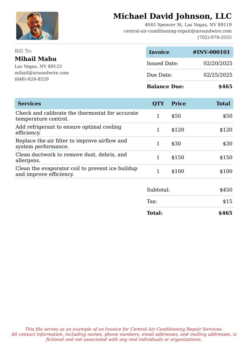Sample of a Central Air Conditioning Repair services invoice