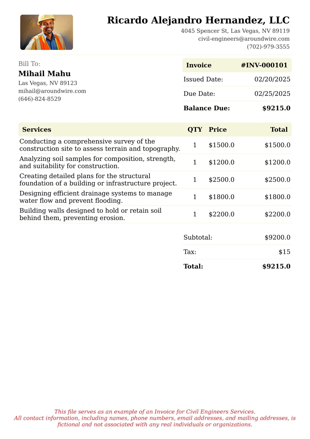 Sample of a Civil Engineers services invoice