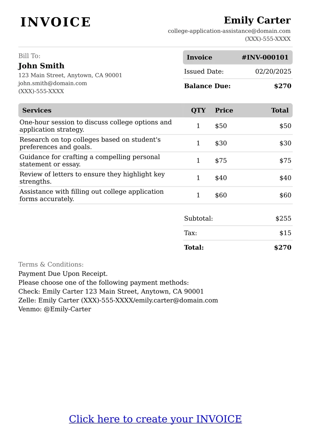 Sample of a College Application Assistance services invoice