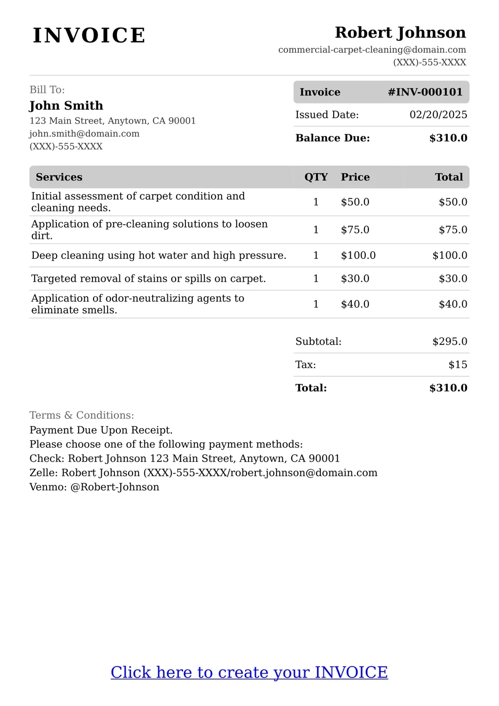 Sample of a Commercial Carpet Cleaning services invoice
