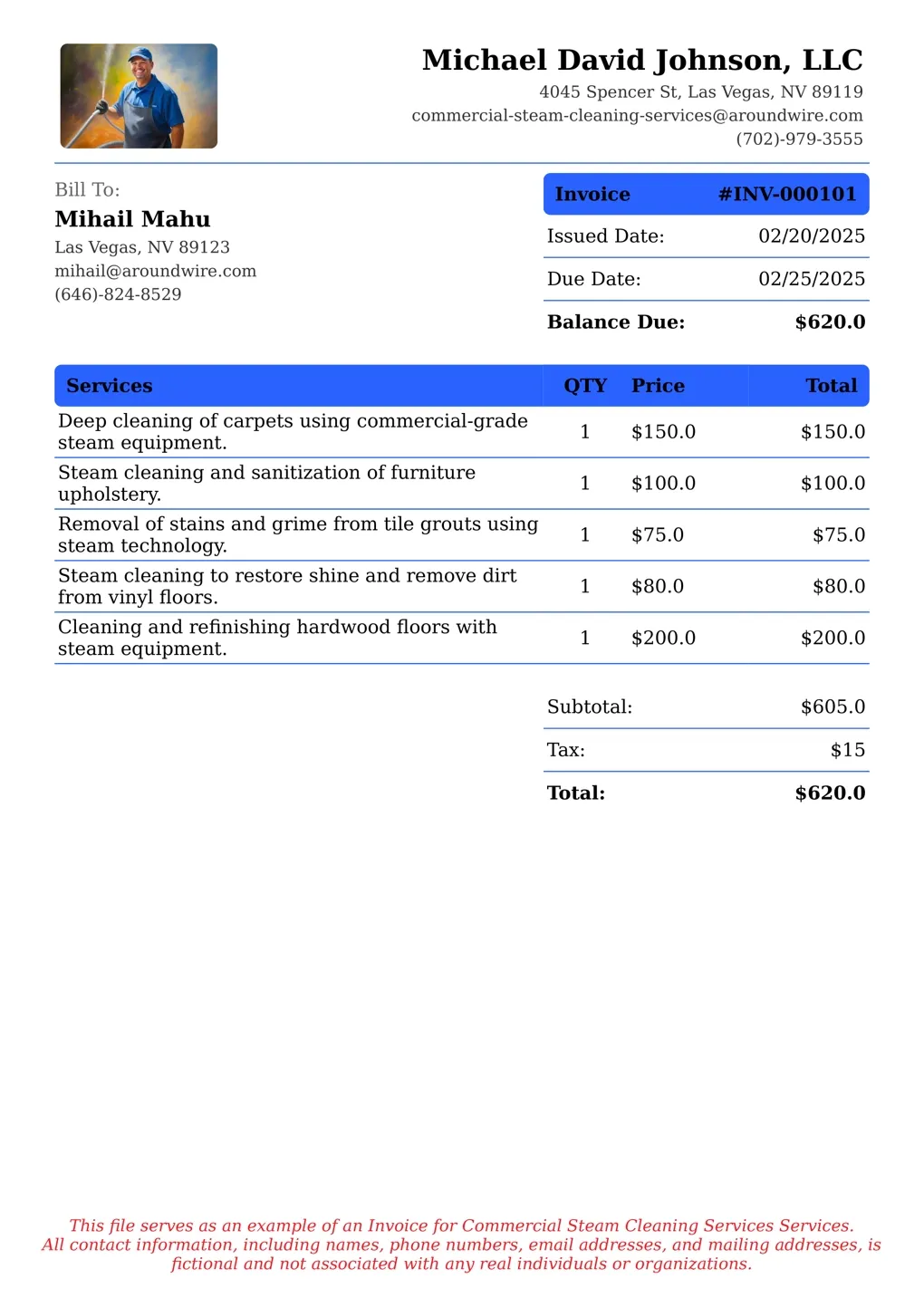 Sample of a Commercial Steam Cleaning Services services invoice