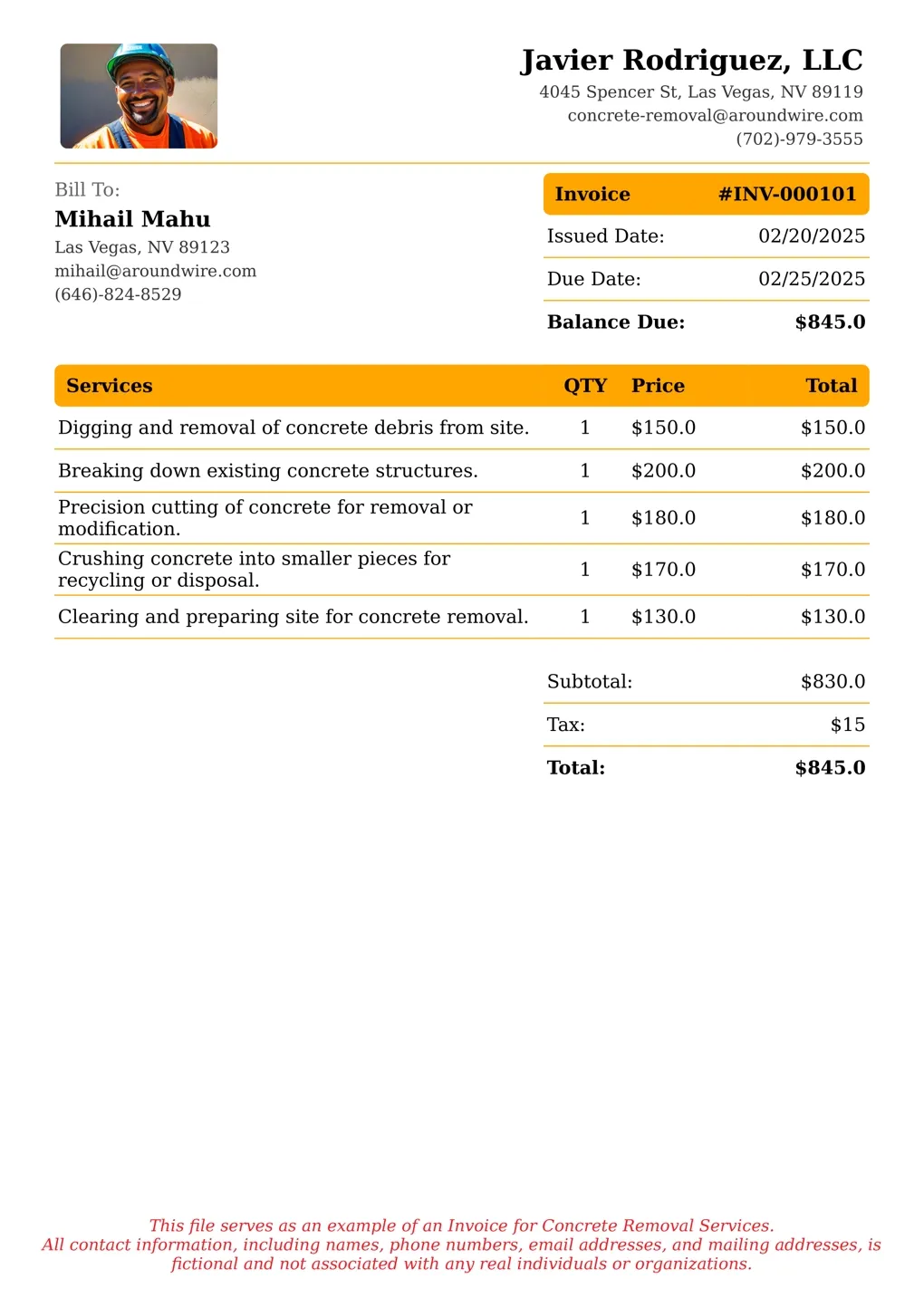 Sample of a Concrete Removal services invoice