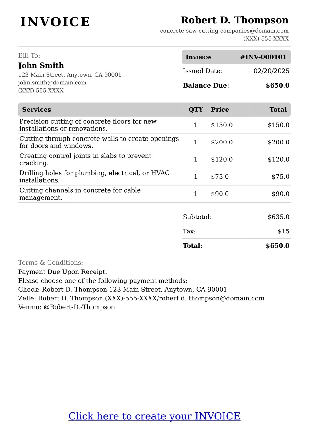 Sample of a Concrete Saw Cutting Companies services invoice
