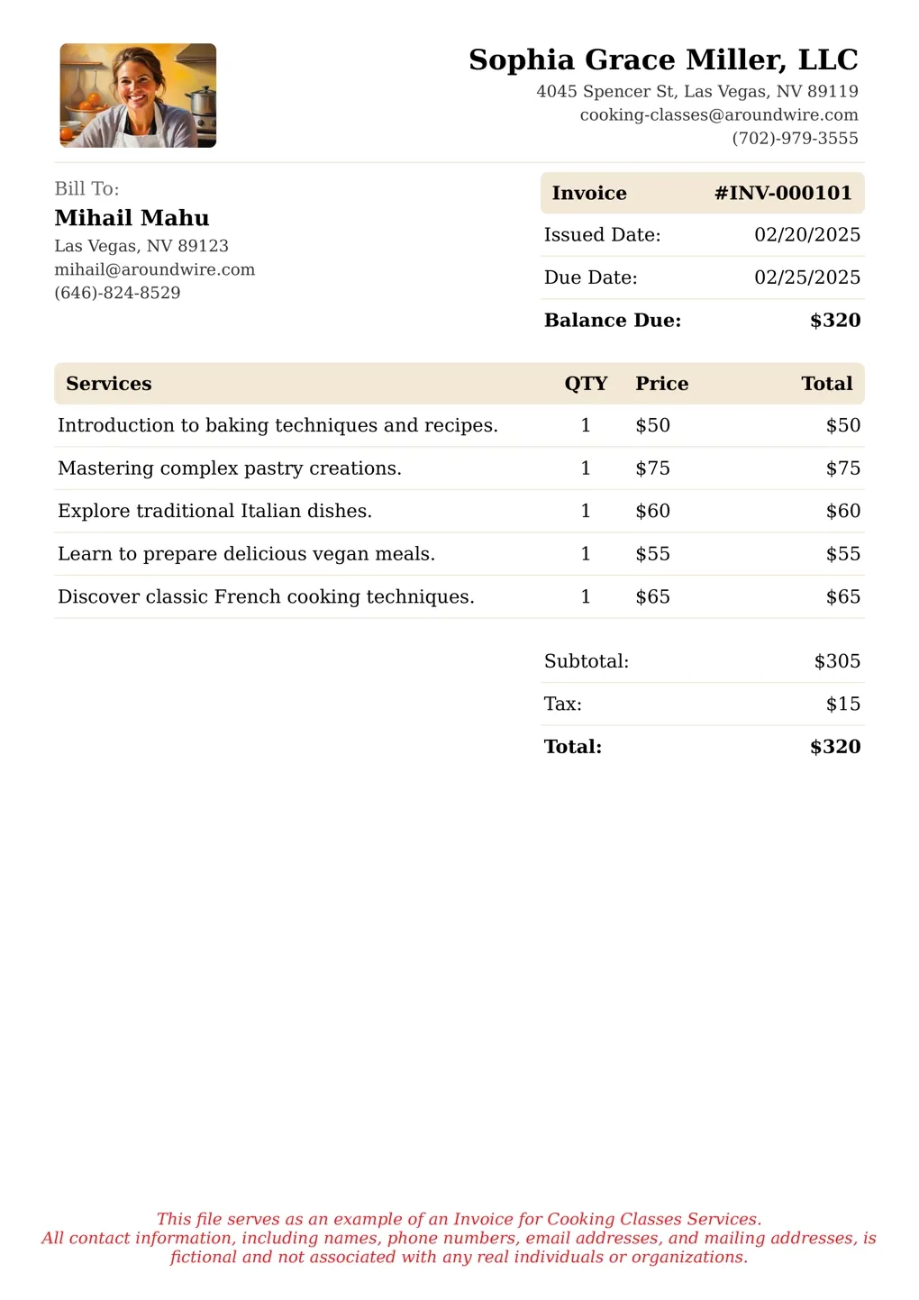 Sample of a Cooking Classes services invoice