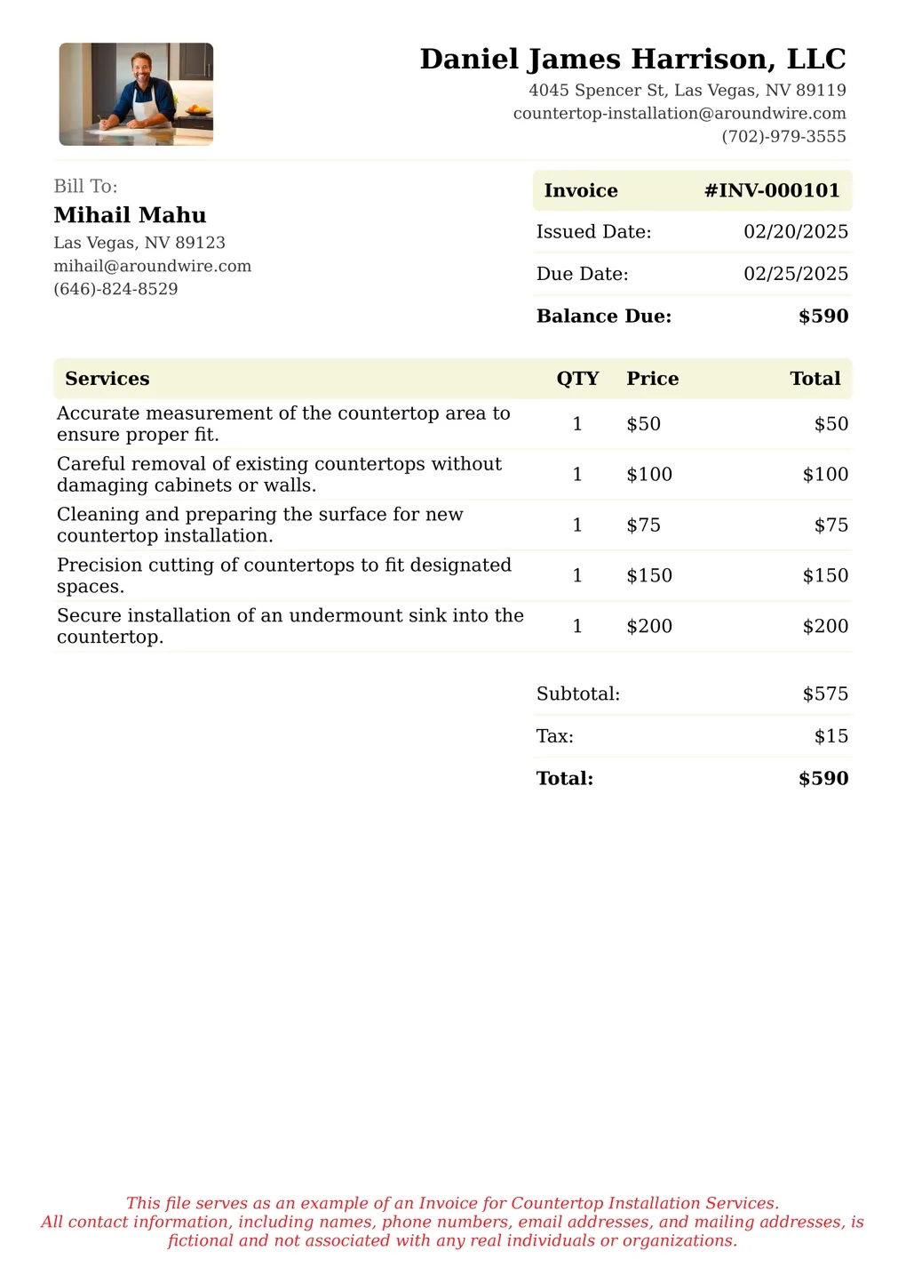 Sample of a Countertop Installation services invoice