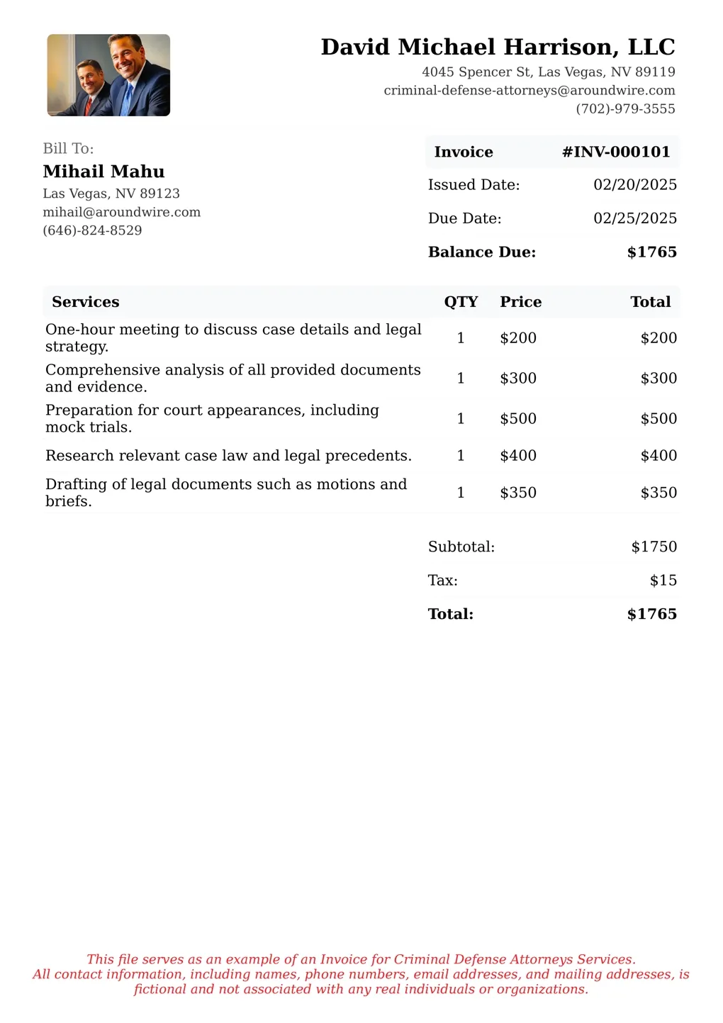 Sample of a Criminal Defense Attorneys services invoice