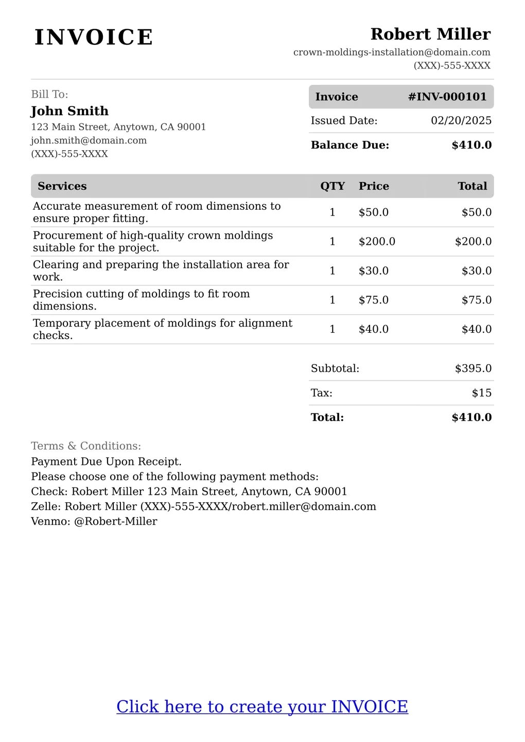 Sample of a Crown Moldings Installation services invoice