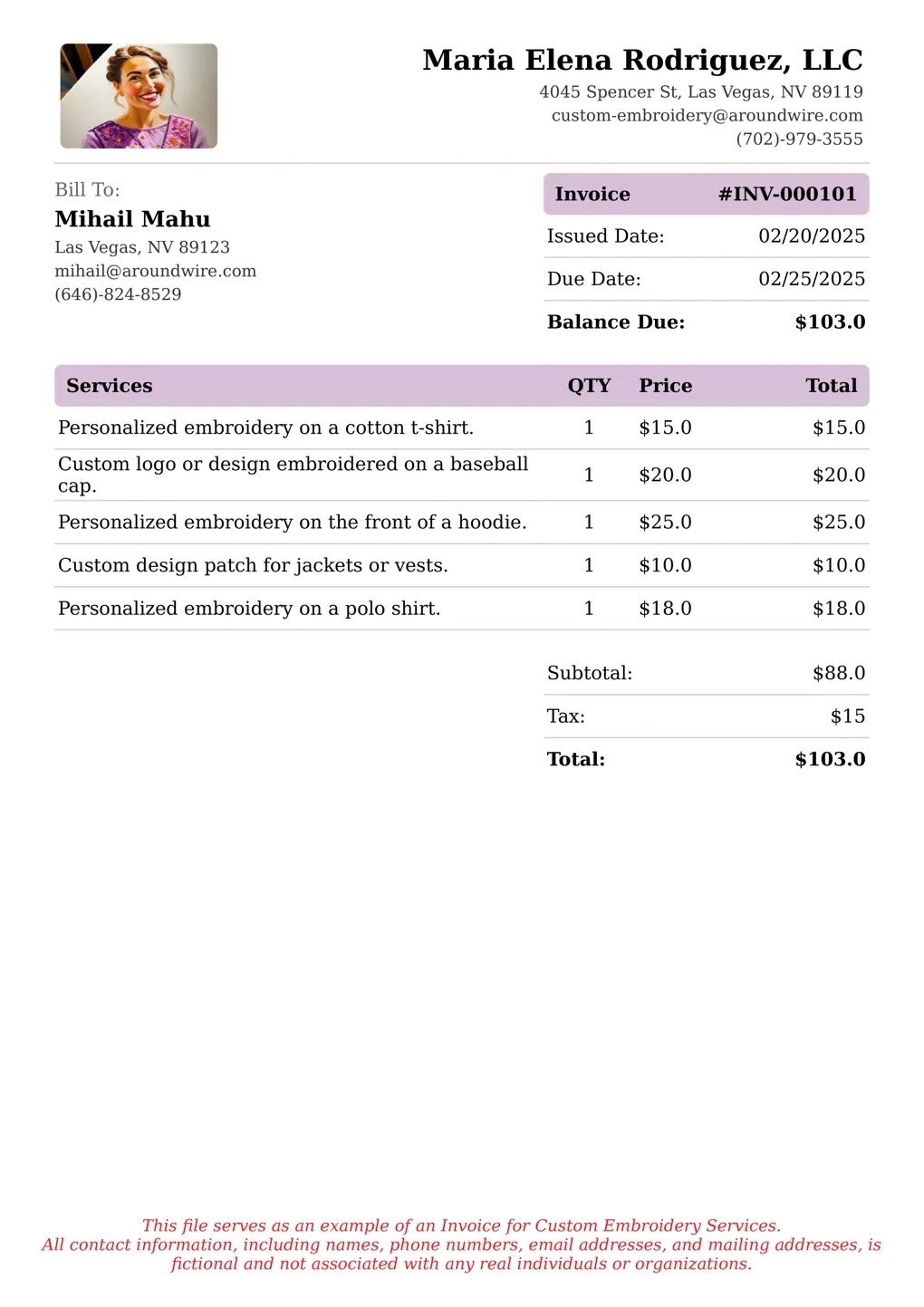 Sample of a Custom Embroidery services invoice