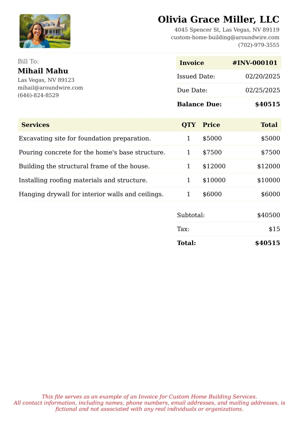 Sample of a Custom Home Building services invoice