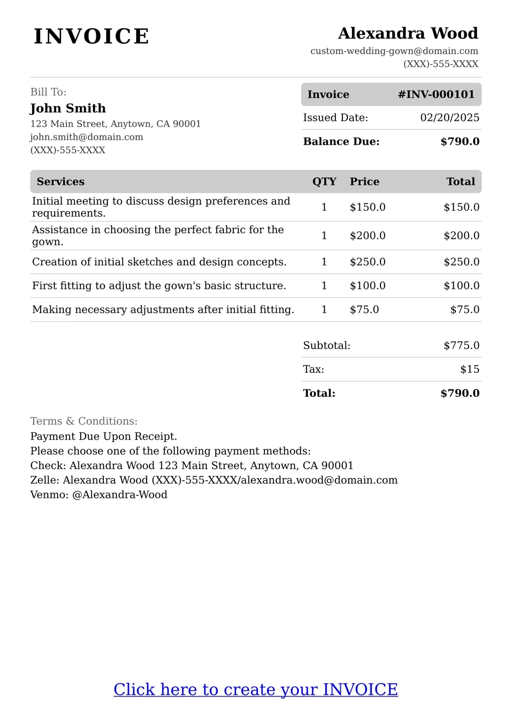Sample of a Custom Wedding Gown services invoice