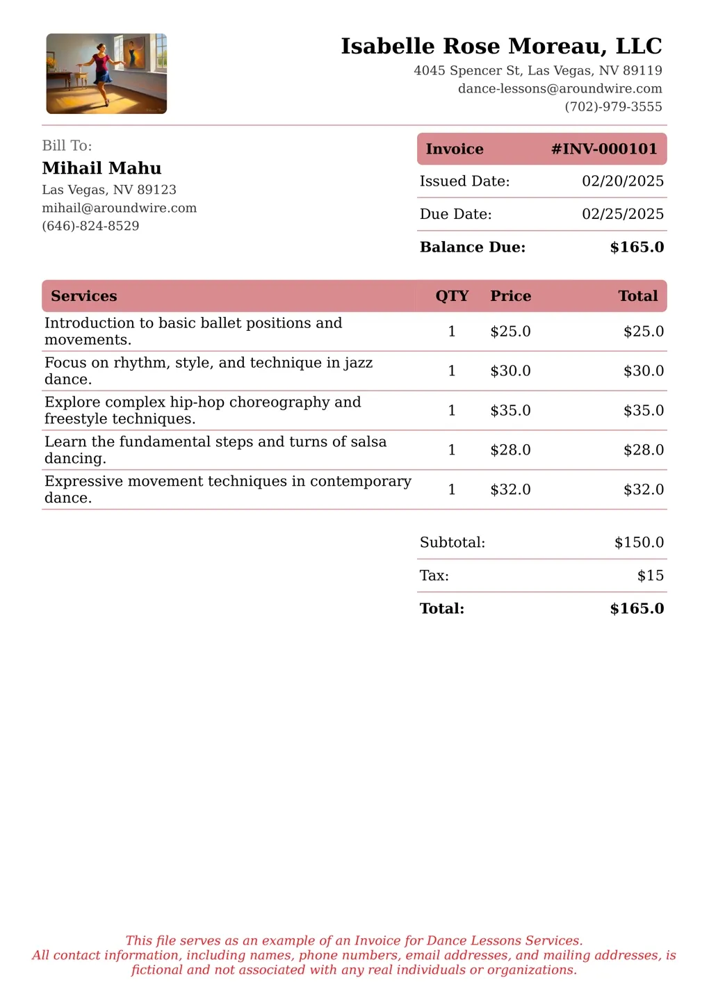 Sample of a Dance Lessons services invoice