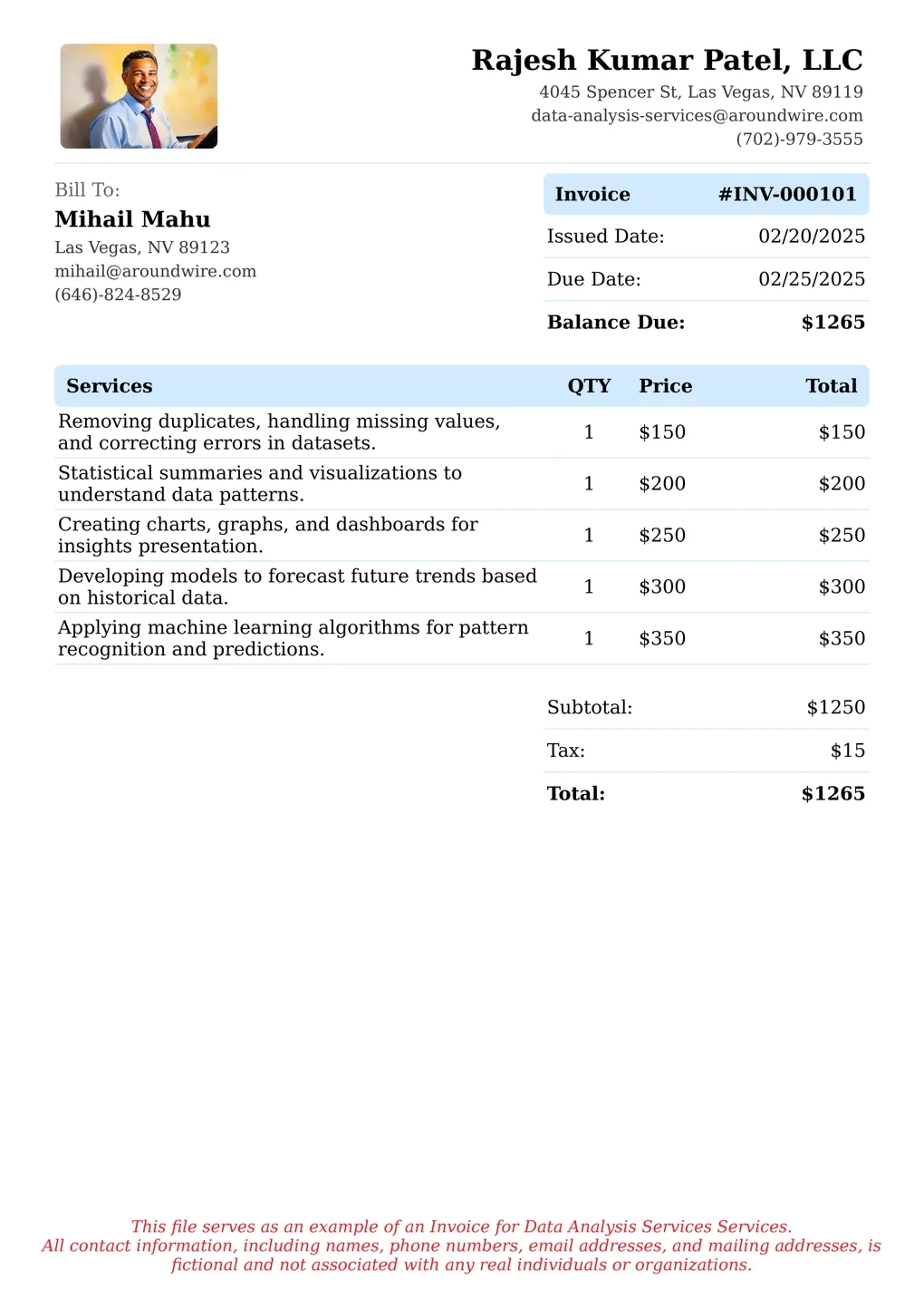 Sample of a Data Analysis Services services invoice