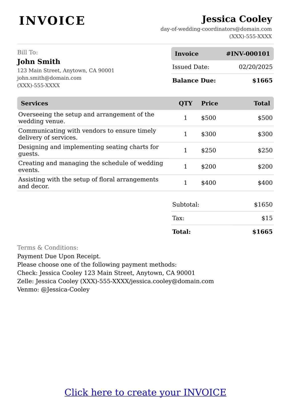 Sample of a Day Of Wedding Coordinators services invoice