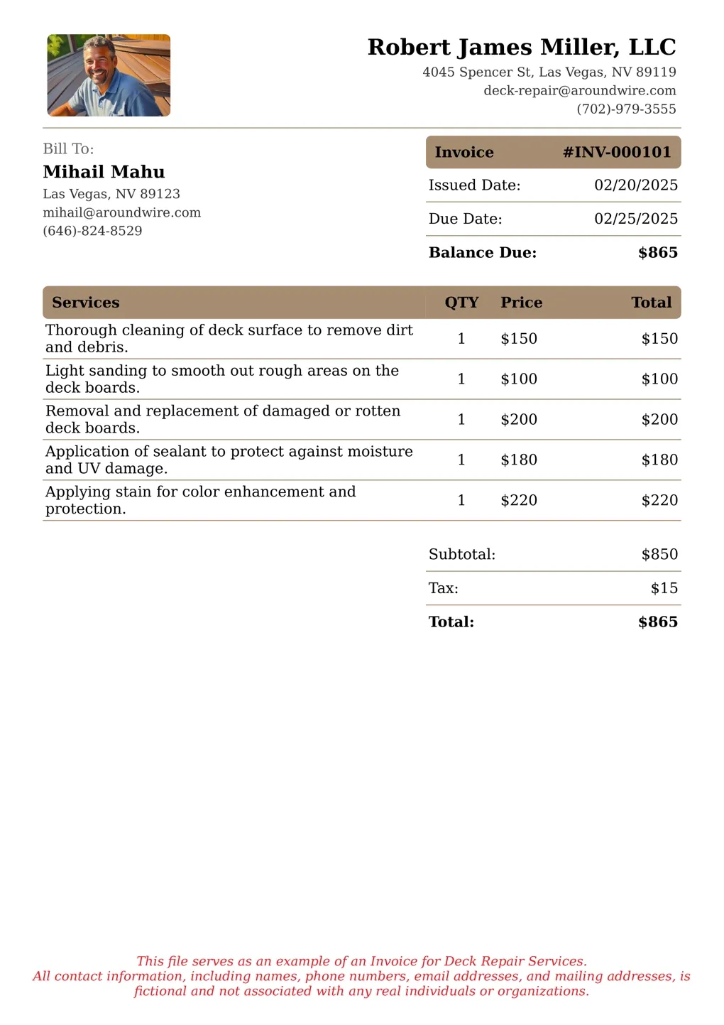 Sample of a Deck Repair services invoice