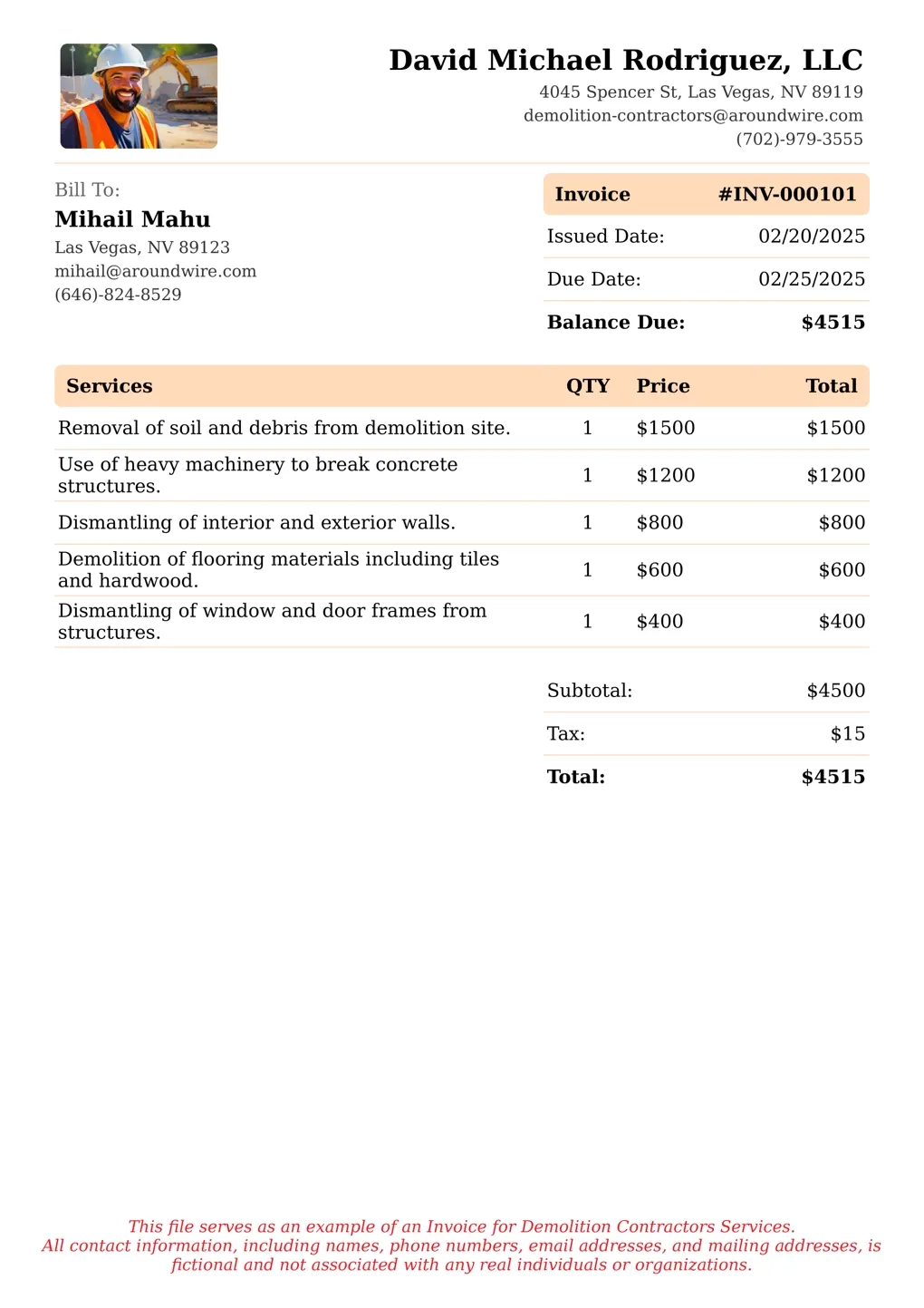 Sample of a Demolition Contractors services invoice