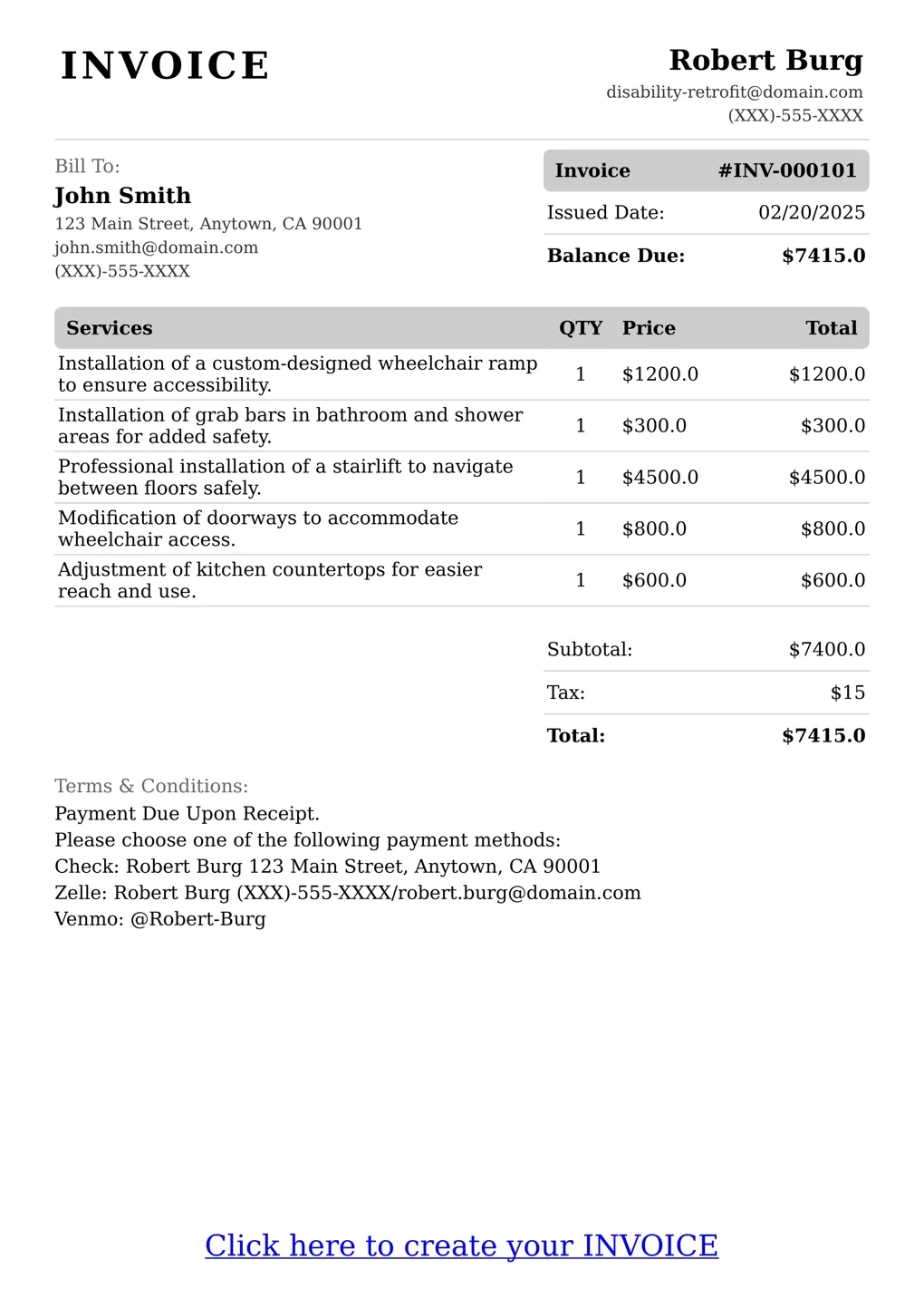 Sample of a Disability Retrofit services invoice
